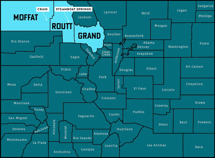A map of Colorado highlighting the service area for Stagecoach drone services, which includes Moffat, Routt, and Grand counties in light blue.